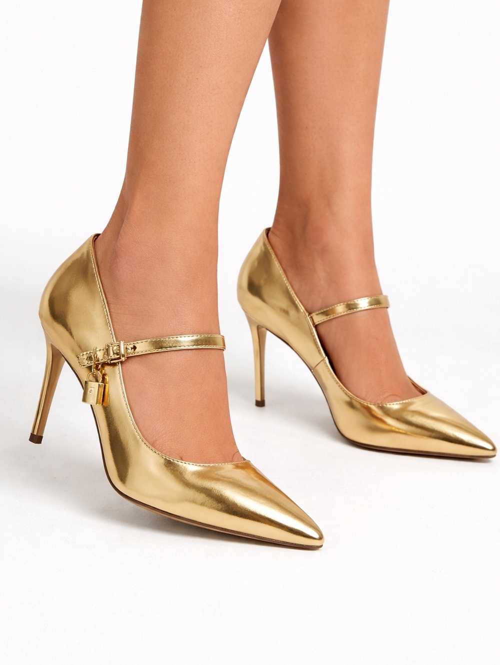 Kurt Geiger Pumps 10 Golden Leather Lock Charm Brixton Pointy Stiletto New $165